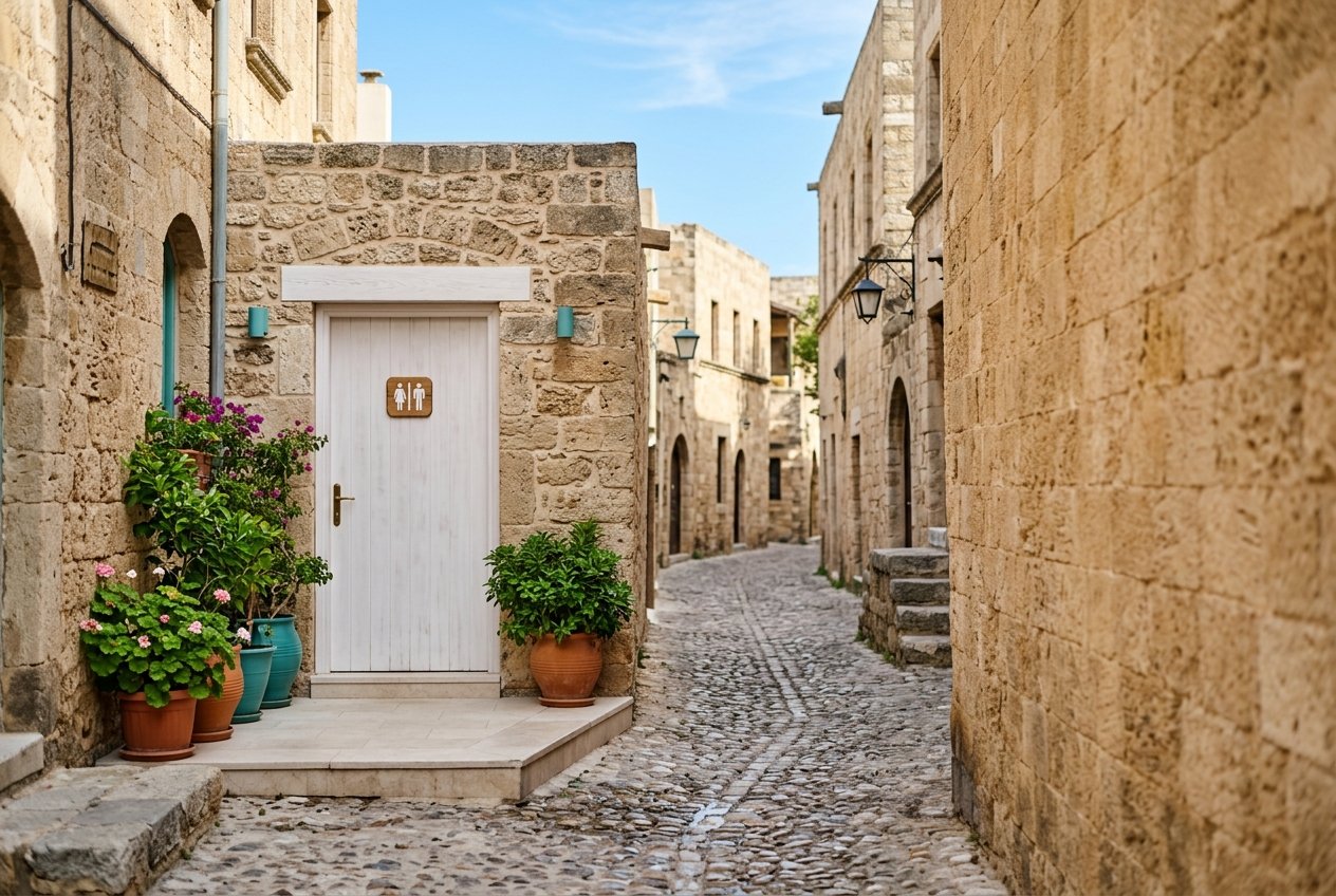 Clean public toilet entrance in the old town of Rhodes